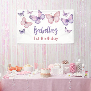 Pink Purple Floral Butterfly Girl 1st Birthday Banner