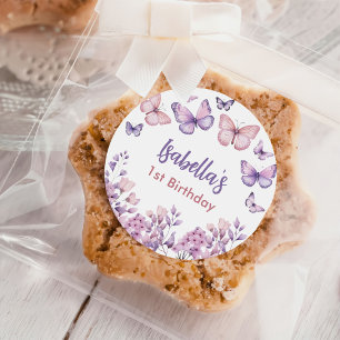Pink Purple Floral Butterfly Girl 1st Birthday  Classic Round Sticker