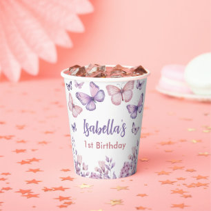 Pink Purple Floral Butterfly Girl 1st Birthday  Paper Cups