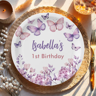 Pink Purple Floral Butterfly Girl 1st Birthday  Paper Plate
