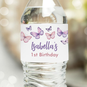Pink Purple Floral Butterfly Girl 1st Birthday  Water Bottle Label