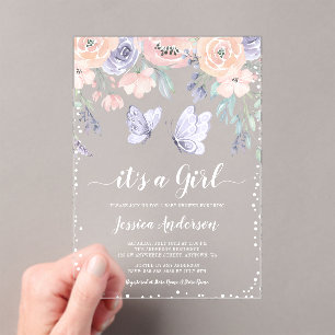 Pink Purple Floral Butterfly Girl Baby Shower Acrylic Invitations