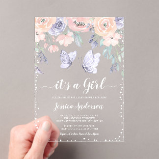Pink Purple Floral Butterfly Girl Baby Shower Acrylic Invitations