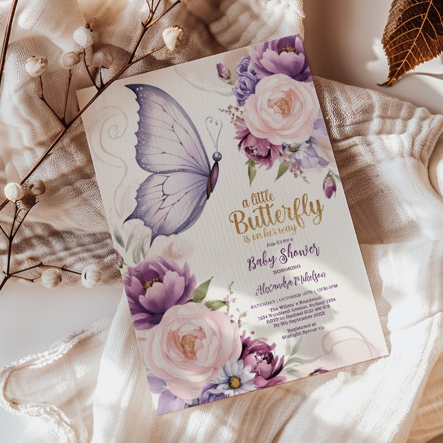 Pink Purple Floral Butterfly Girl  Baby Shower  Invitation (Creator Uploaded)
