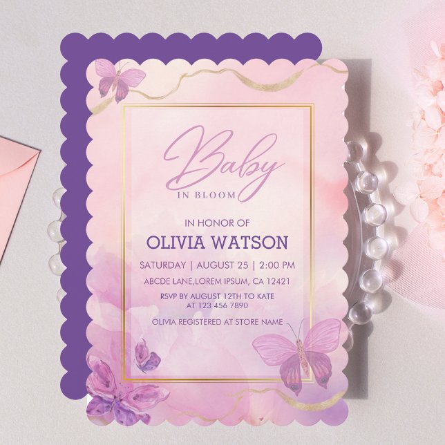 Pink Purple Floral Butterfly Girl Baby Shower  Invitation (Creator Uploaded)