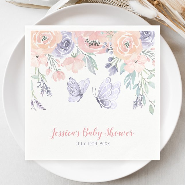 Pink Purple Floral Butterfly Girl Baby Shower Napkin (Creator Uploaded)