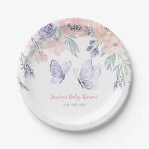 Pink Purple Floral Butterfly Girl Baby Shower Paper Plate