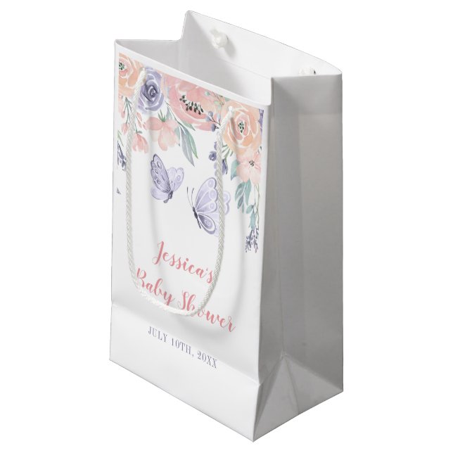 Pink Purple Floral Butterfly Girl Baby Shower Small Gift Bag (Front Angled)