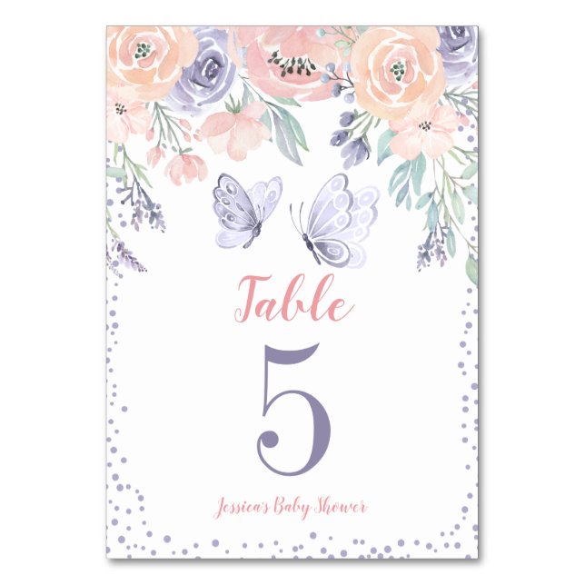 Pink Purple Floral Butterfly Girl Baby Shower Table Number (Front)