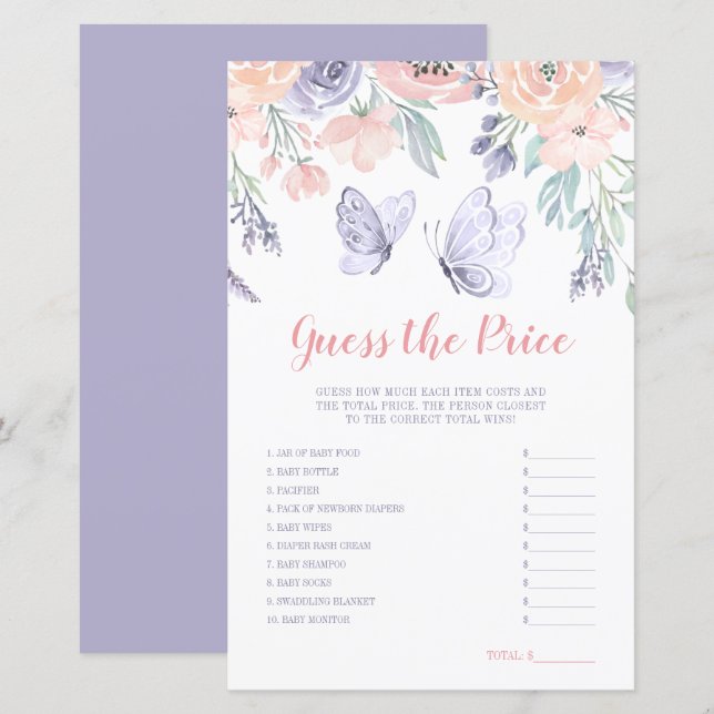 Pink Purple Floral Butterfly Guess the Price Game (Front/Back)