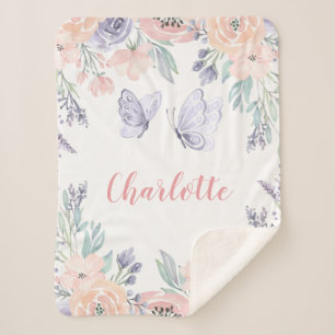 Pink Purple Floral Butterfly Personalized Girl Sherpa Blanket