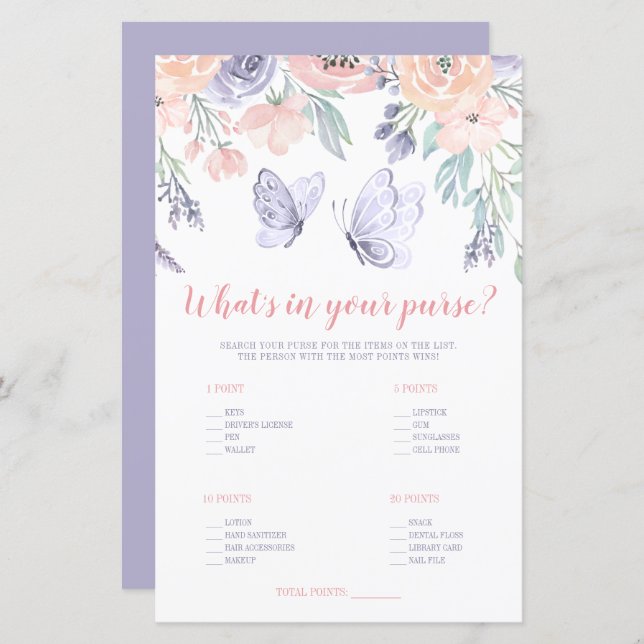 Pink Purple Floral Butterfly What's in Your Purse (Front/Back)
