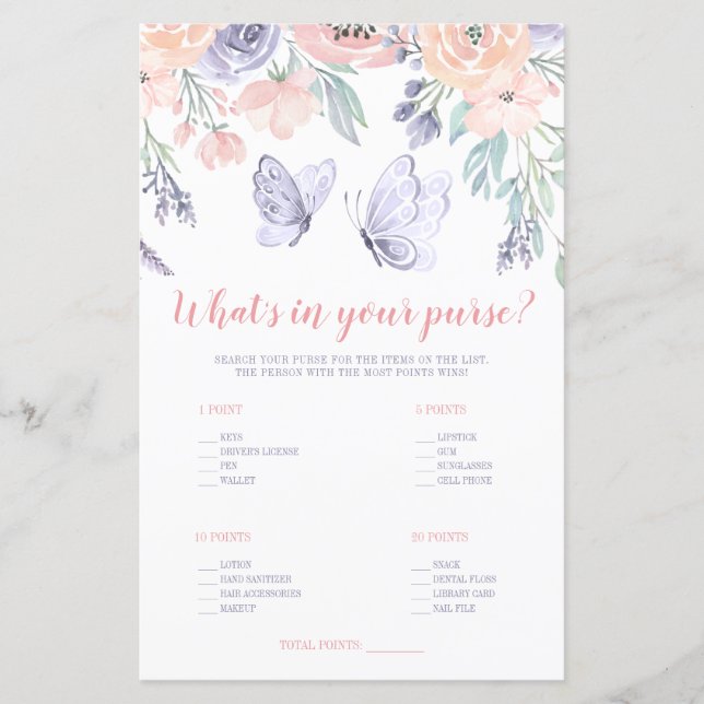 Pink Purple Floral Butterfly What's in Your Purse (Front)