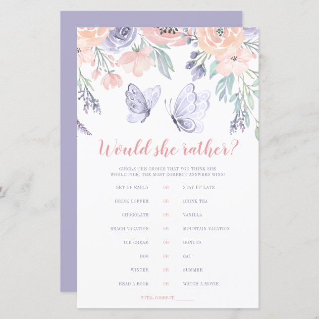 Pink Purple Floral Butterfly Would She Rather Game (Front/Back)