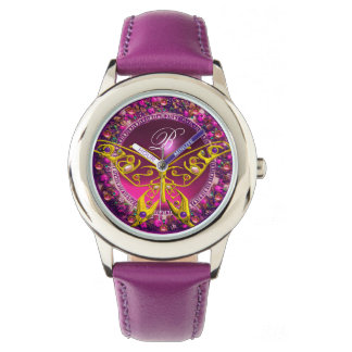 PINK PURPLE FLORAL CROWN GOLD BUTTERFLY ,GEMSTONES WATCH
