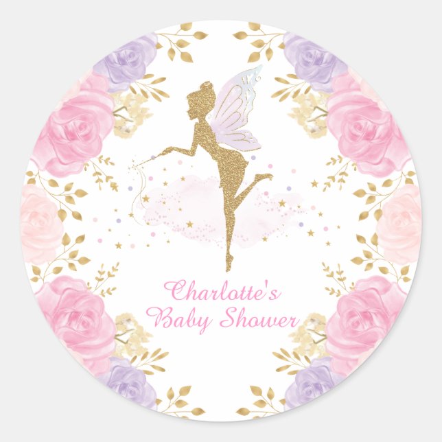 Pink Purple Floral Fairy Birthday Baby Girl Shower Classic Round Sticker (Front)