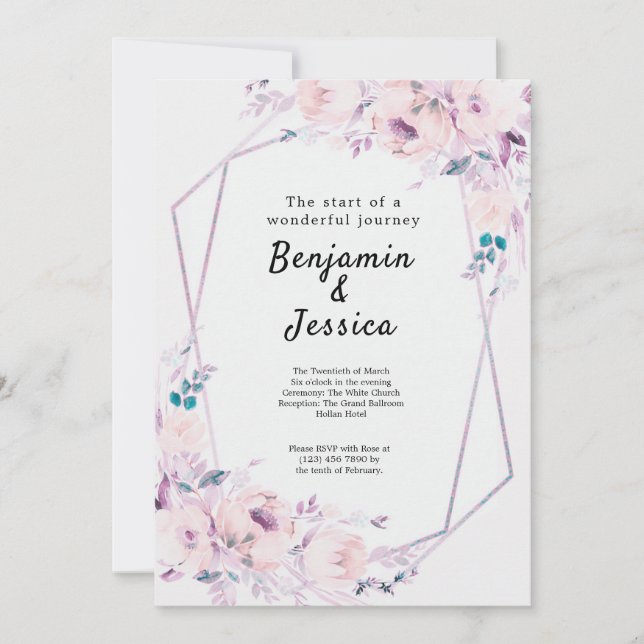 Pink & Purple Floral Geometric Wedding Invitation (Front)