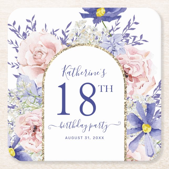 Pink Purple Floral God Frame 18th Birthday Party Square Paper Coaster (Front)