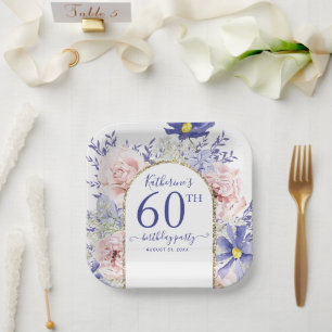 Pink Purple Floral God Frame 60th Birthday Party Paper Plate