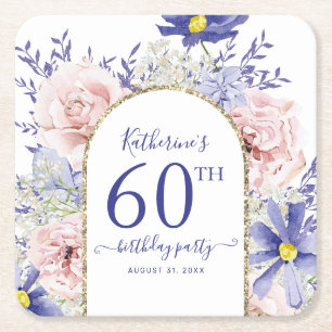 Pink Purple Floral God Frame 60th Birthday Party Square Paper Coaster