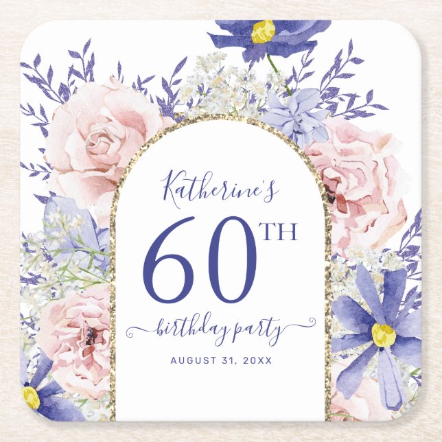 Pink Purple Floral God Frame 60th Birthday Party Square Paper Coaster (Front)