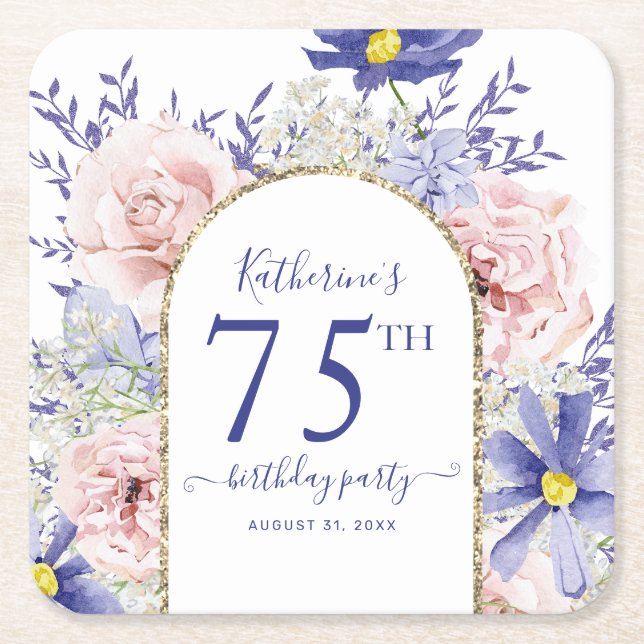 Pink Purple Floral God Frame 75th Birthday Party Square Paper Coaster (Front)