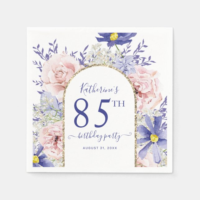 Pink Purple Floral God Frame 85th Birthday Party Napkin (Front)