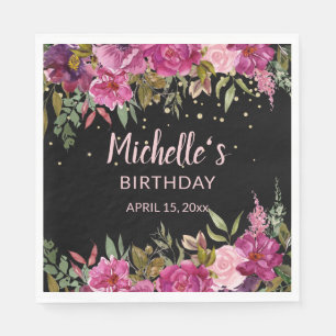 Pink Purple Floral Gold Glitter Black Birthday Napkin