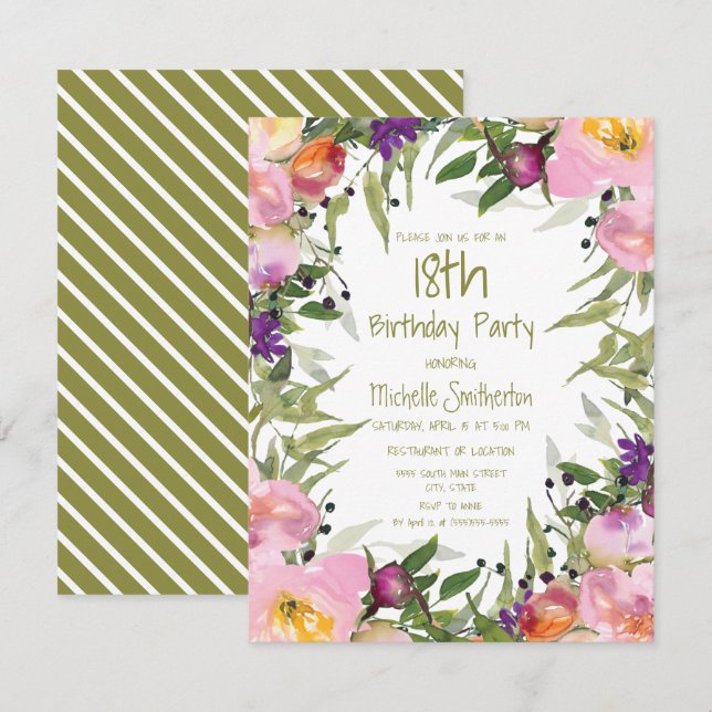 Pink Purple Floral Green Leaves 18th Birthday Card (Front/Back)