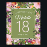 Pink Purple Floral Green Leaves 18th Birthday Poster<br><div class="desc">18th birthday party poster with blush pink and purple watercolor floral and sage green and olive green leaves.  Contact us for help with customization or to request matching or coordinating products.</div>