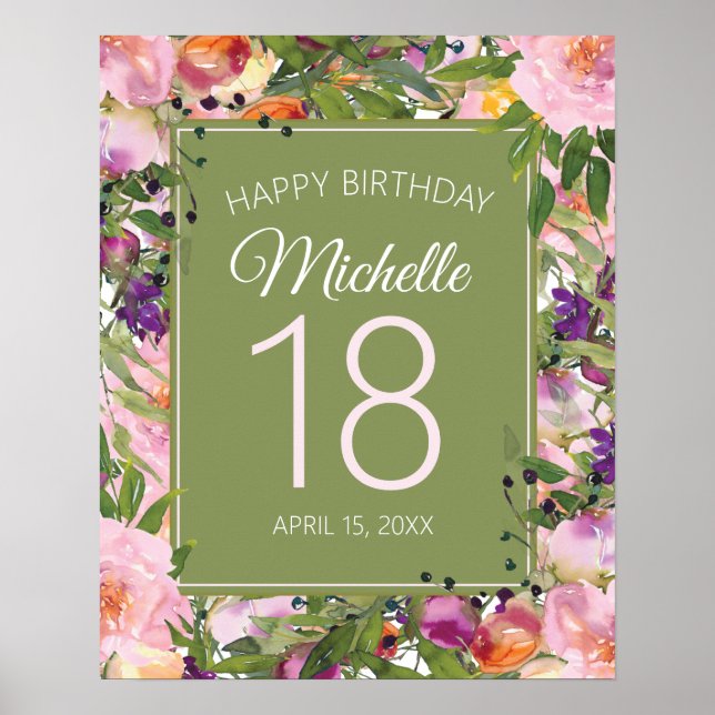 Pink Purple Floral Green Leaves 18th Birthday Poster (Front)