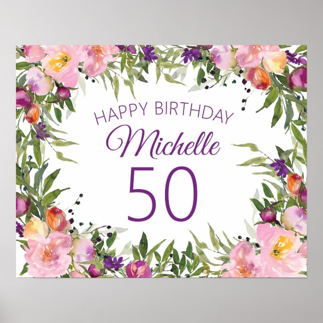 Pink Purple Floral Green Leaves 50th Birthday Poster (Front)