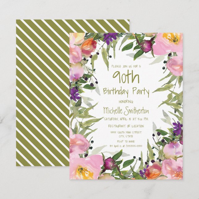 Pink Purple Floral Green Leaves 90th Birthday Card (Front/Back)