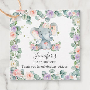 Pink Purple Floral Greenery Elephant Baby Shower Favour Tags