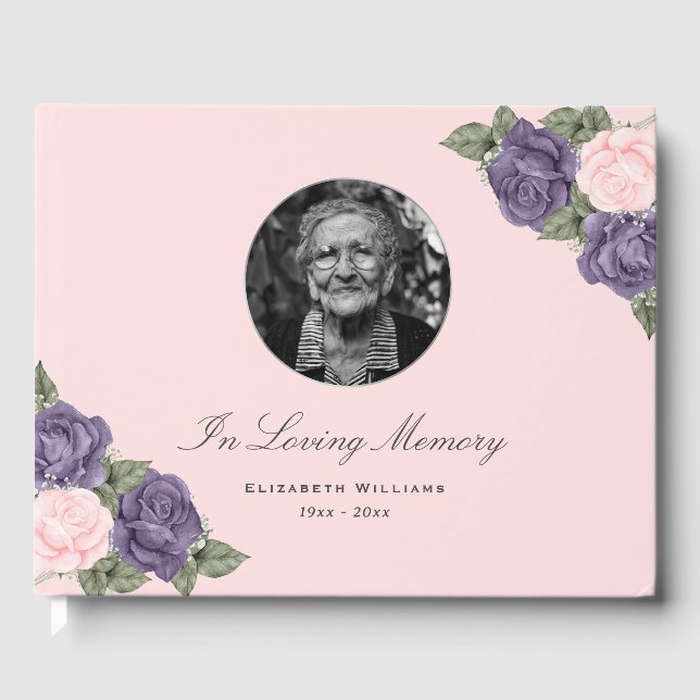 Pink Purple Floral In Loving Memory Funeral Photo Guest Book (Front)
