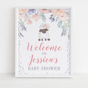 Pink Purple Floral Lamb Baby Shower Welcome Sign