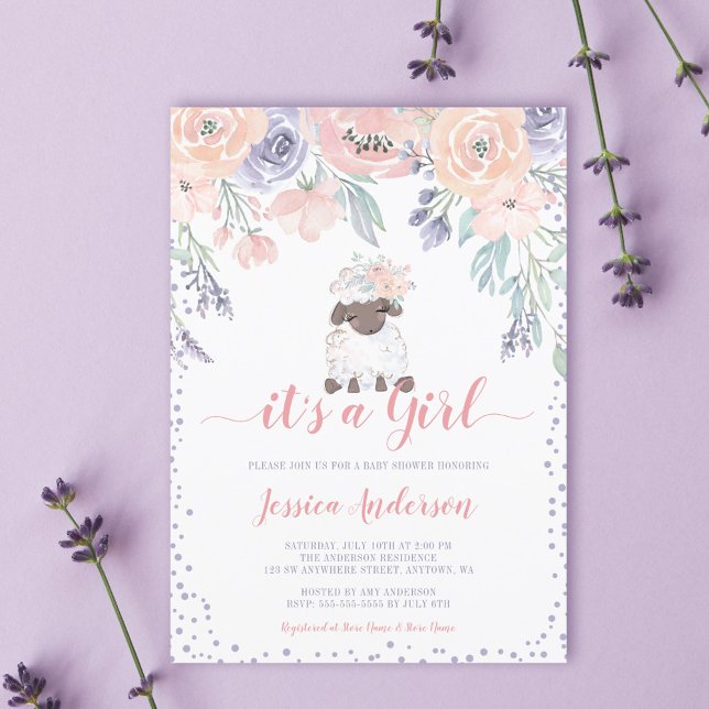 Pink Purple Floral Lamb Girl Baby Shower Invitation (Creator Uploaded)
