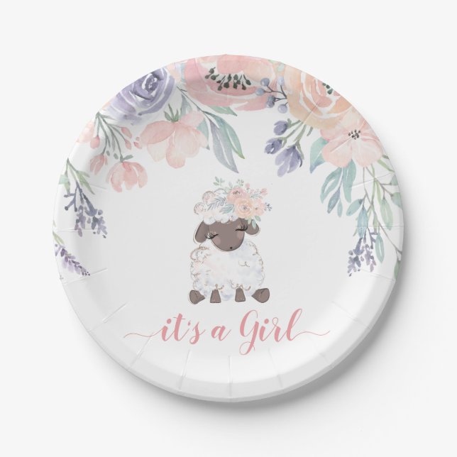 Pink Purple Floral Lamb Girl Baby Shower Paper Plate (Front)