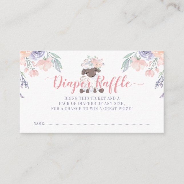 Pink Purple Floral Lamb Girl Diaper Raffle Ticket Enclosure Card (Front)