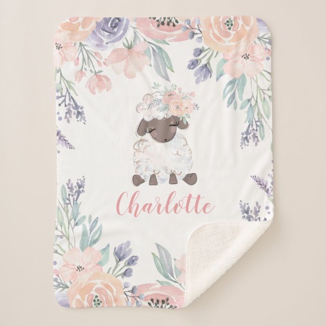 Pink Purple Floral Lamb Personalised Girl Baby Sherpa Blanket (Front)
