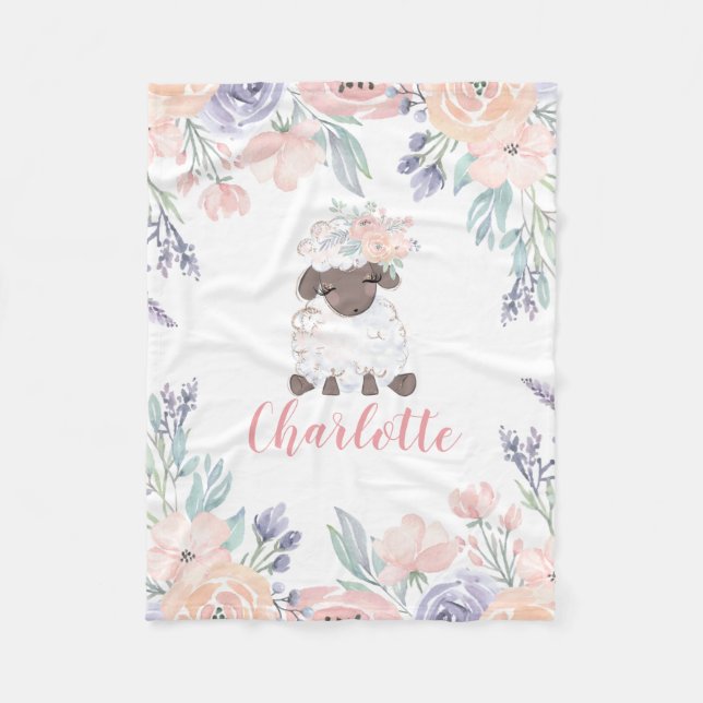 Pink Purple Floral Lamb Personalised Girl Fleece Blanket (Front)