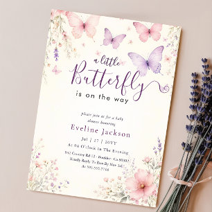 Pink Purple Floral Lavender Butterfly Baby Shower Invitation