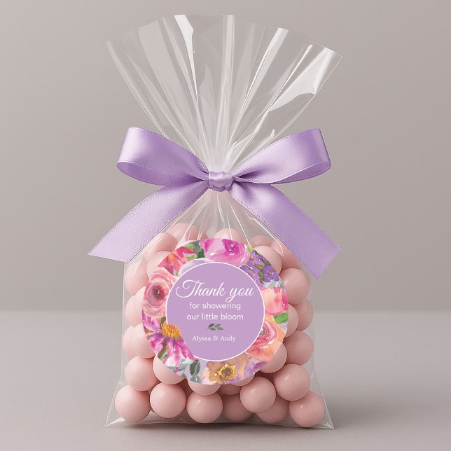 Pink Purple Floral Little Bloom Baby Shower Classic Round Sticker (Pink and purple watercolor floral baby shower thank you sticker)