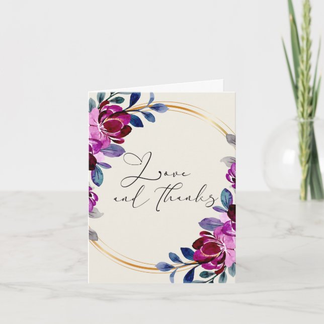 Pink Purple Floral Love and Thanks Note Card (Front)