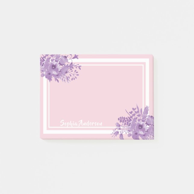 Pink purple floral monogram post-it notes (Front)