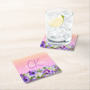 Pink purple floral name monogram script square paper coaster