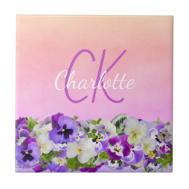 Pink purple floral name monogram script tile (Front)