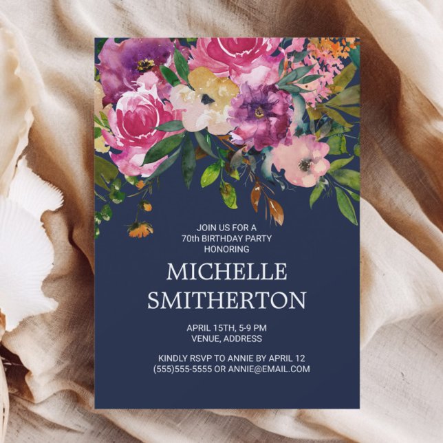 Pink Purple Floral Navy Blue 70th Birthday Invitat Invitation (Pink floral and greenery on navy blue birthday party invitation)