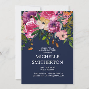 Pink Purple Floral Navy Blue 80th Birthday Invitation