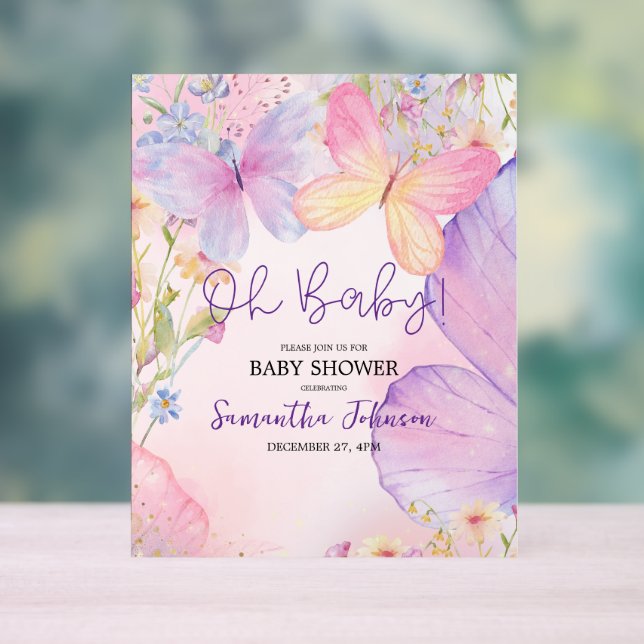 Pink Purple Floral Oh Baby Butterfly Baby shower Acrylic Sign (Neutral)